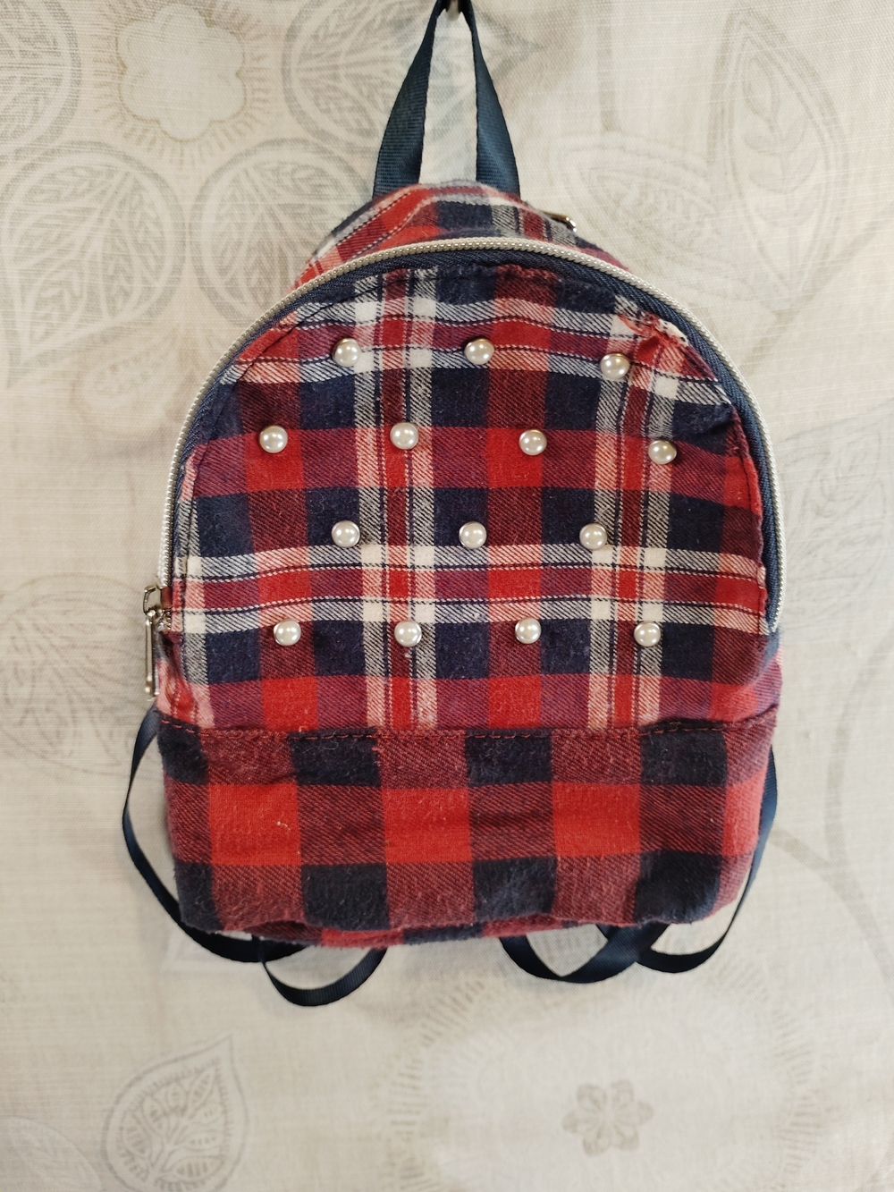Plaid Pearl-Embellished Red and Navy Mini Backpack